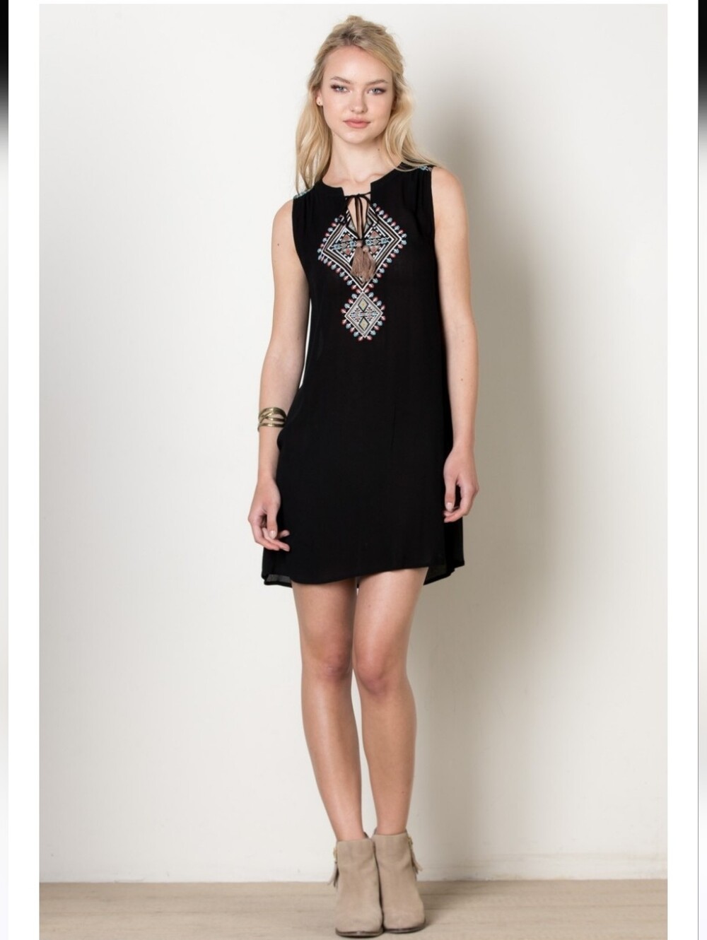 THML Black Embroidered Tribal Boho Shift Dress Tassel Tie Neck XS